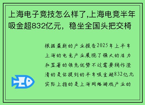 上海电子竞技怎么样了,上海电竞半年吸金超832亿元，稳坐全国头把交椅